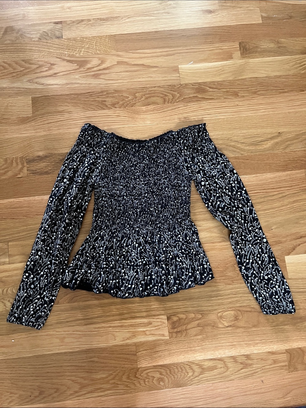 Japna Black Floral Smocked Off-Shoulder Blouse